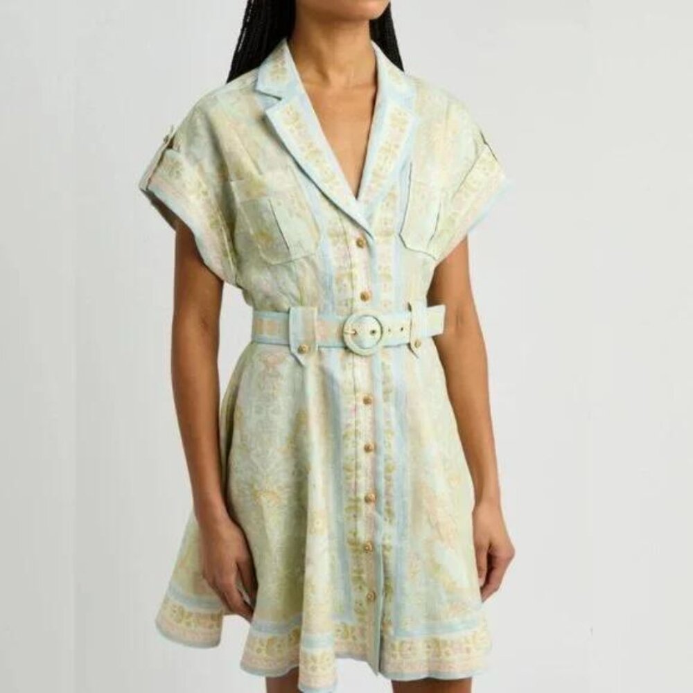 Zimmermann Mint Green Multicoloured Printed Linen Mini Shirt Dress